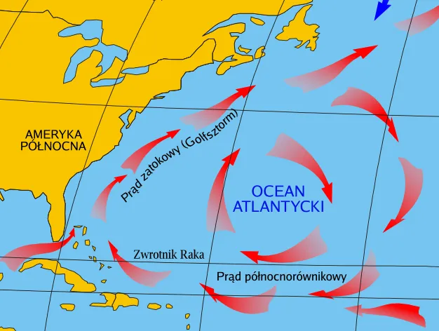 Mapa Prądu Zatokowego i P&oacute;łnocnoatlantyckiego