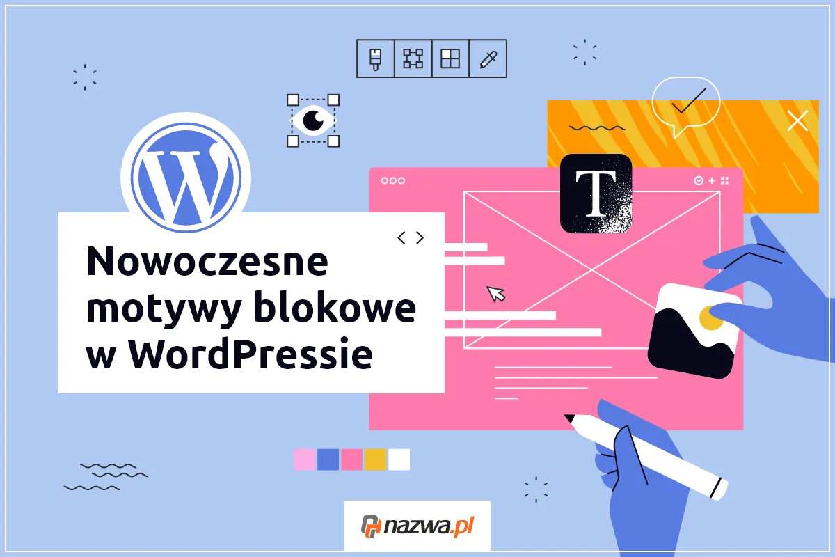 Ilustracja pokazuje jak sprawdzić motyw WordPress. Widoczne logo WordPress i elementy interfejsu edycji strony.