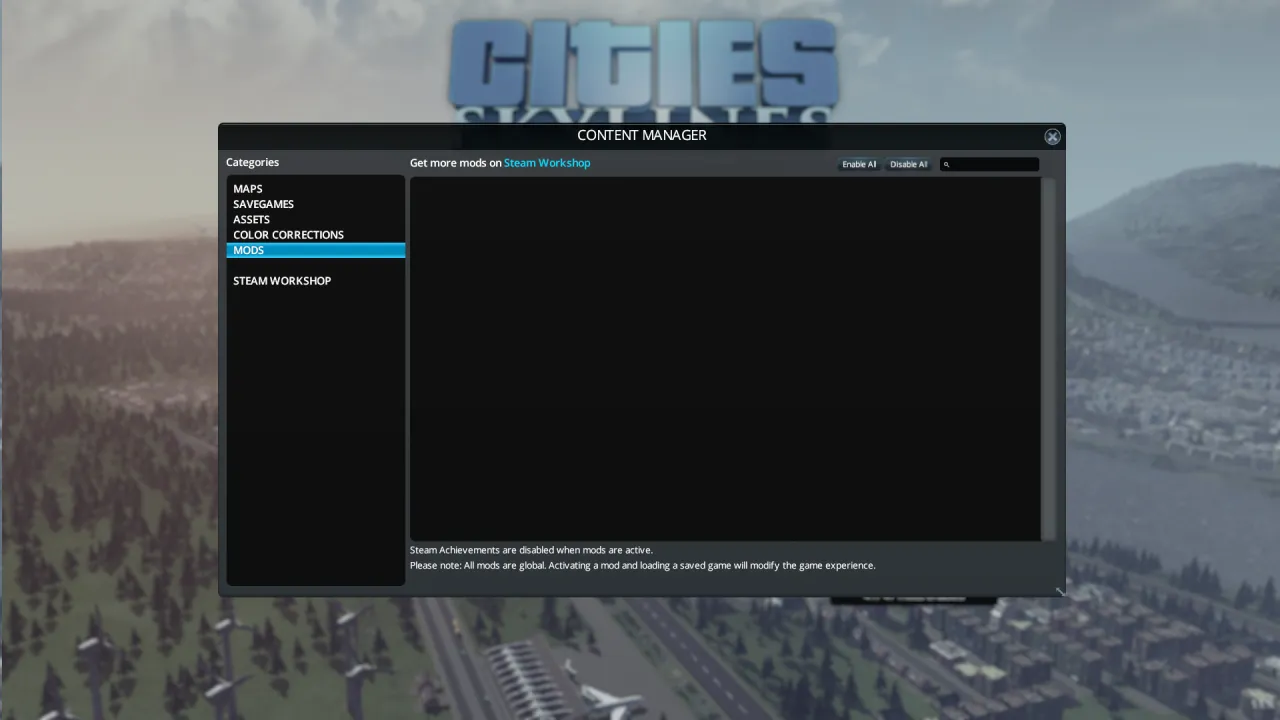 In-game mod manager, Cities Skylines mod activation