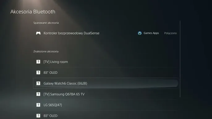 Menu ustawień akcesoriów Bluetooth na PlayStation 5