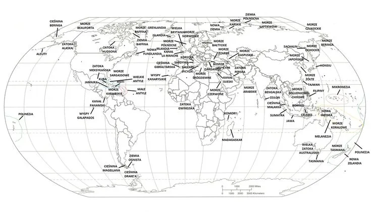 Mapa świata z zaznaczonymi morzami i oceanami