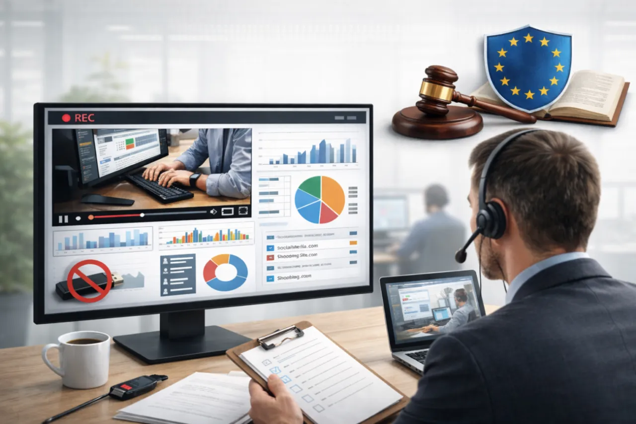 Monitorowanie komputera: jak sprawdzić, czy Tw&oacute;j komputer jest monitorowany? Grafika przedstawia analizę danych, prawo i nadz&oacute;r.