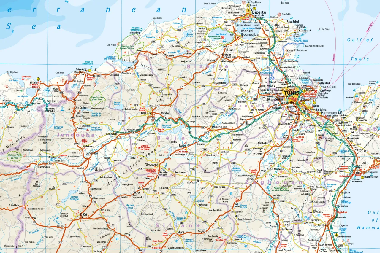 Mapa Tunezji z zaznaczonymi kurortami