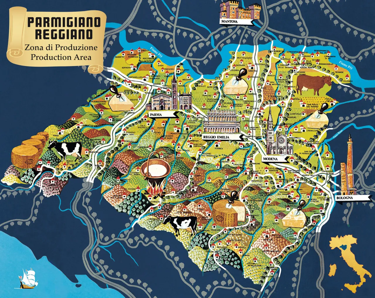 Mapa region&oacute;w produkcji Parmigiano Reggiano i Grana Padano