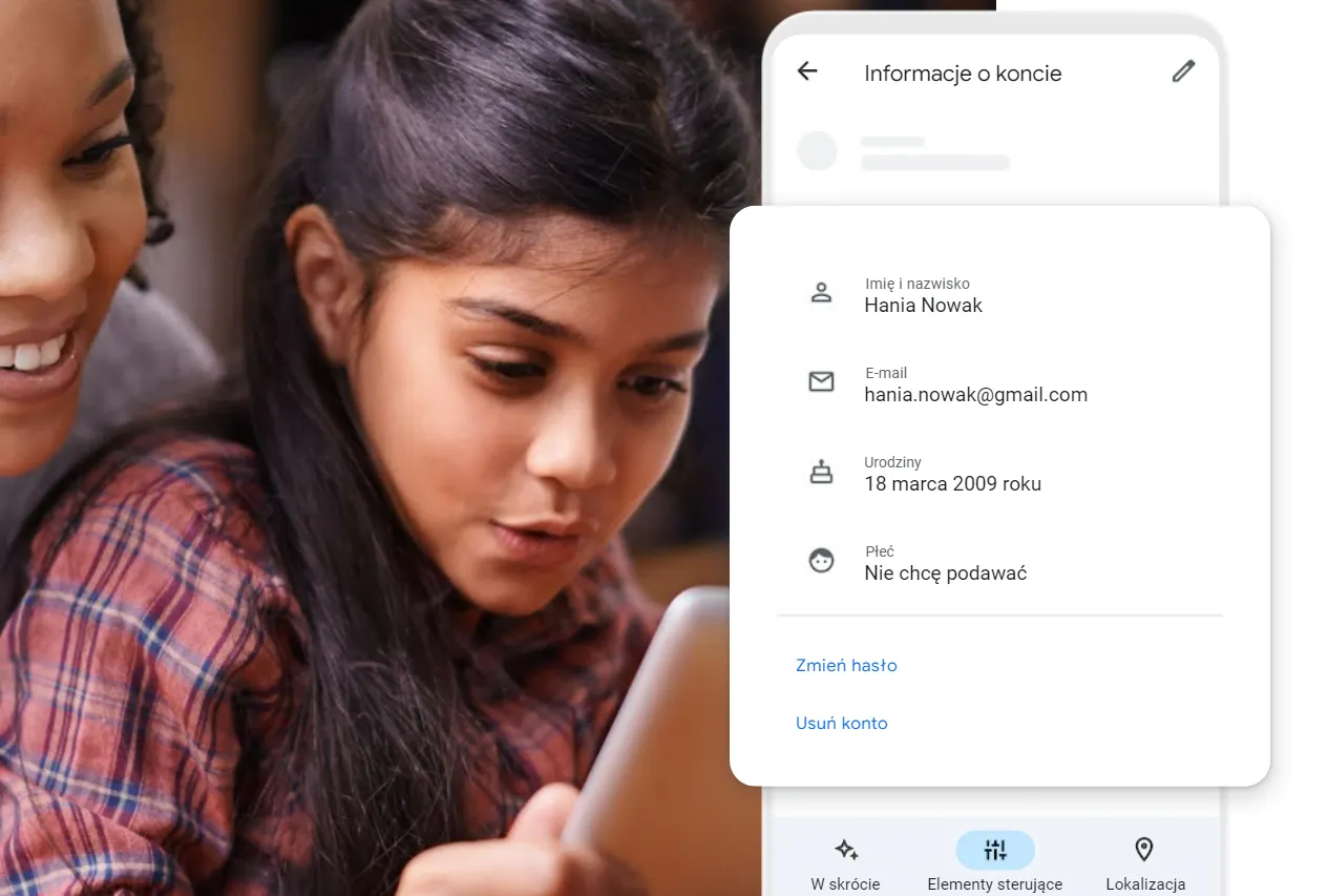 Ekran z informacjami o koncie dziecka, gdzie można znaleźć opcję 