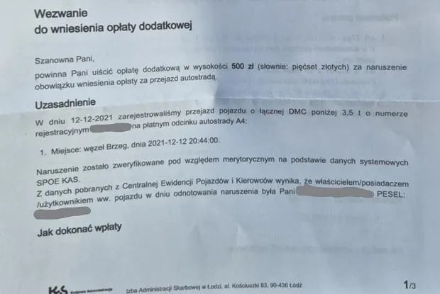 Wezwanie do zapłaty e-TOLL opłata dodatkowa