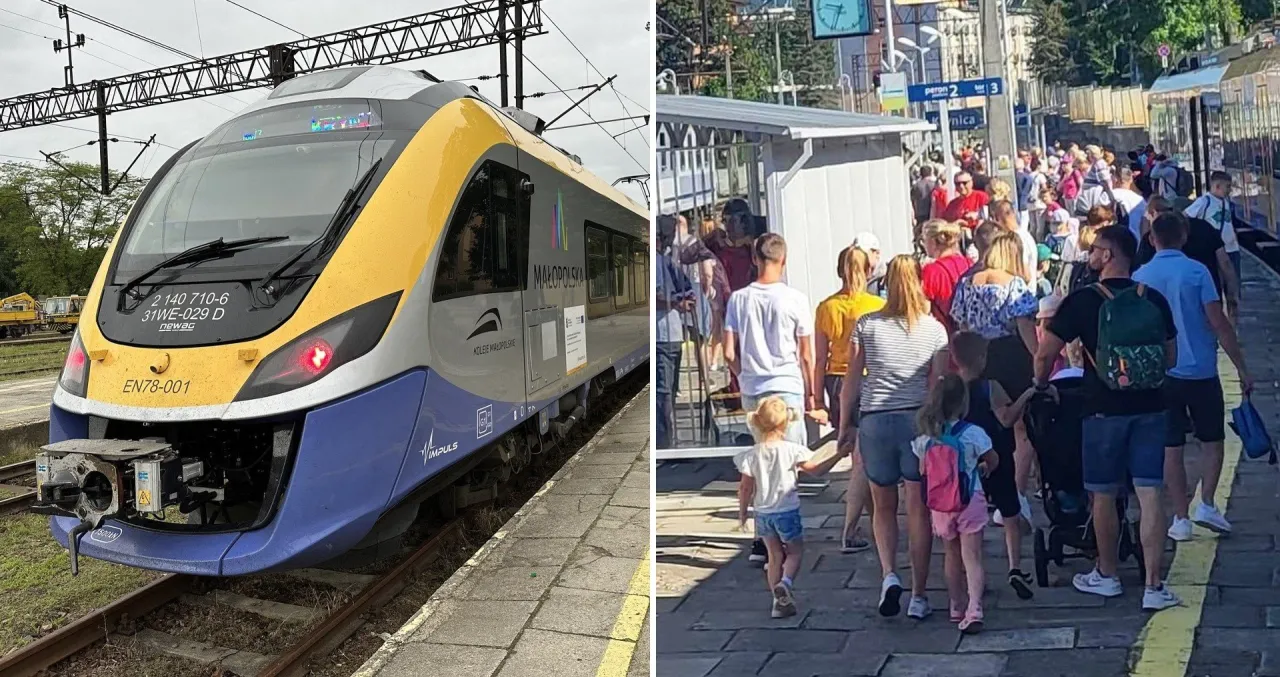 Pociąg Kolei Małopolskich czeka na pasażer&oacute;w, kt&oacute;rzy chcą dowiedzieć się, jak dojechać pociągiem do Krynicy-Zdroju. Tłum ludzi na peronie.