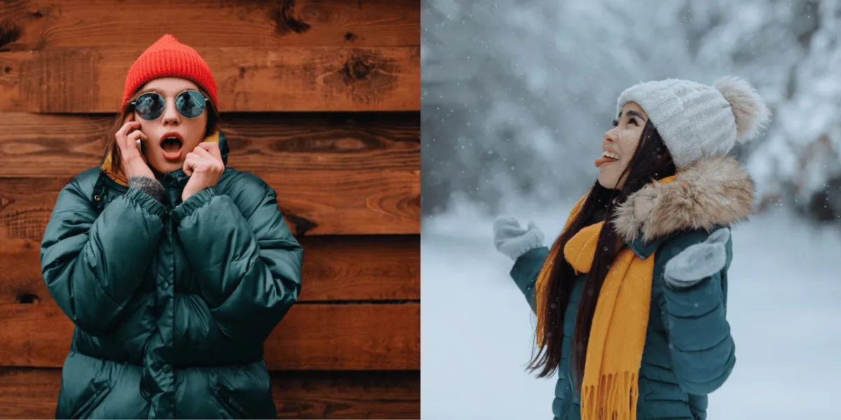 stylizacja kobieta zielona kurtka i kolorowa czapka zima