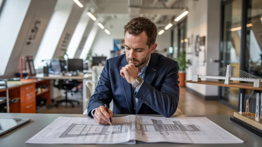 Osoba analizująca dokumenty prawne lub plany budowlane