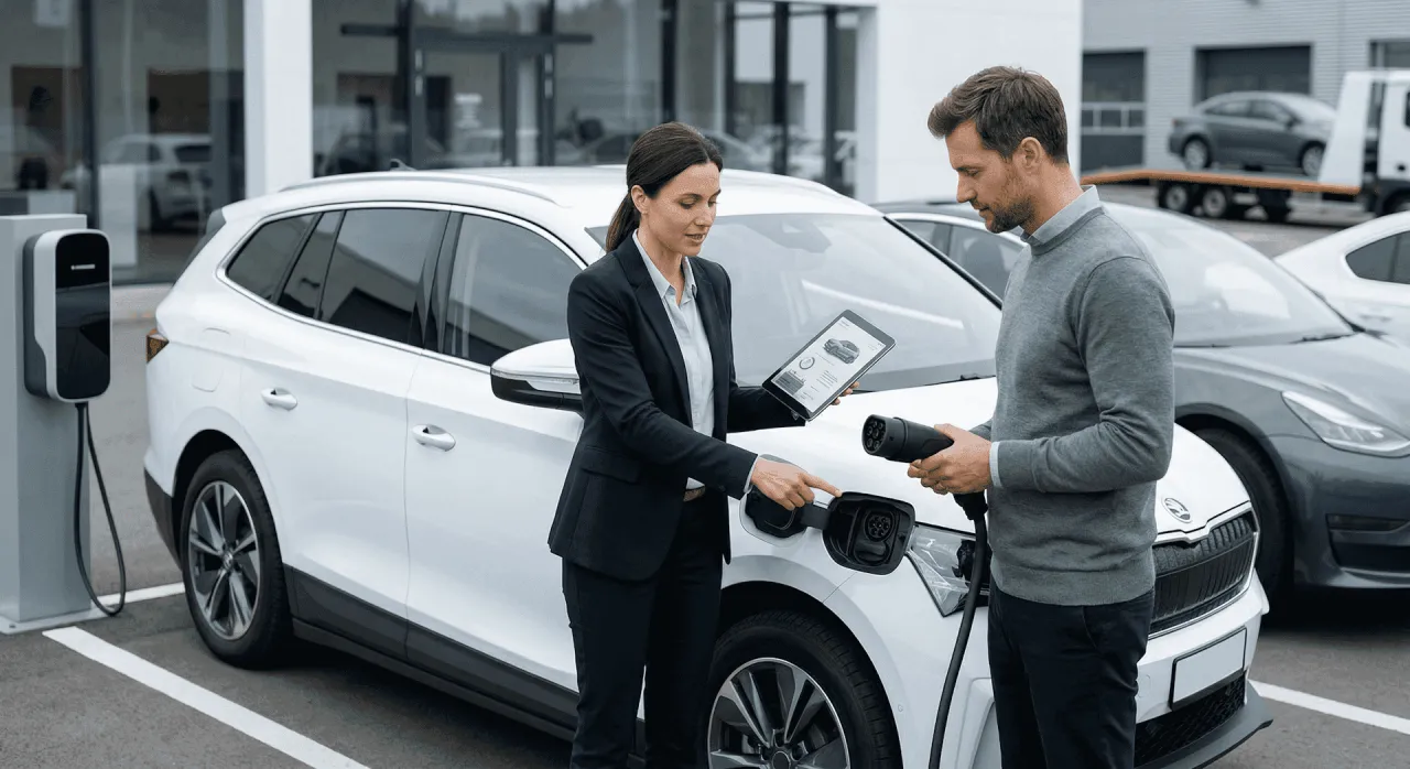 Para ładowania samochodu elektrycznego. Kobieta z tabletem pokazuje mężczyźnie, jak podłączyć samoch&oacute;d zastępczy z ac.