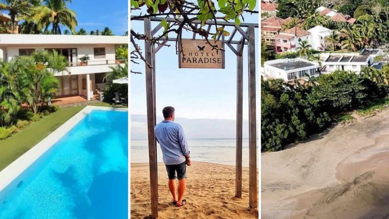 Trzy ujęcia: willa z basenem, mężczyzna pod znakiem 