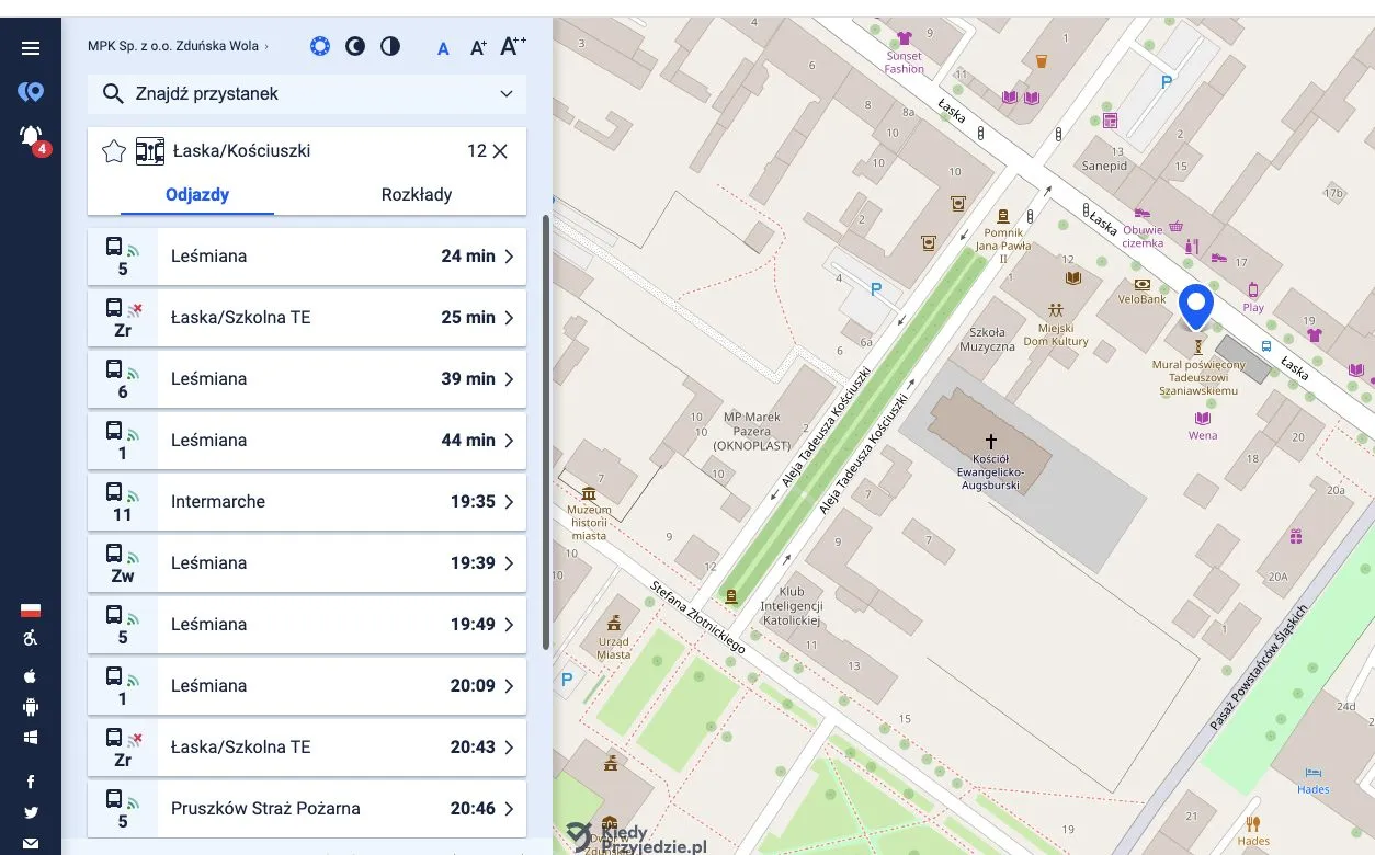 Mapa Zduńskiej Woli z zaznaczonymi przystankami PKS