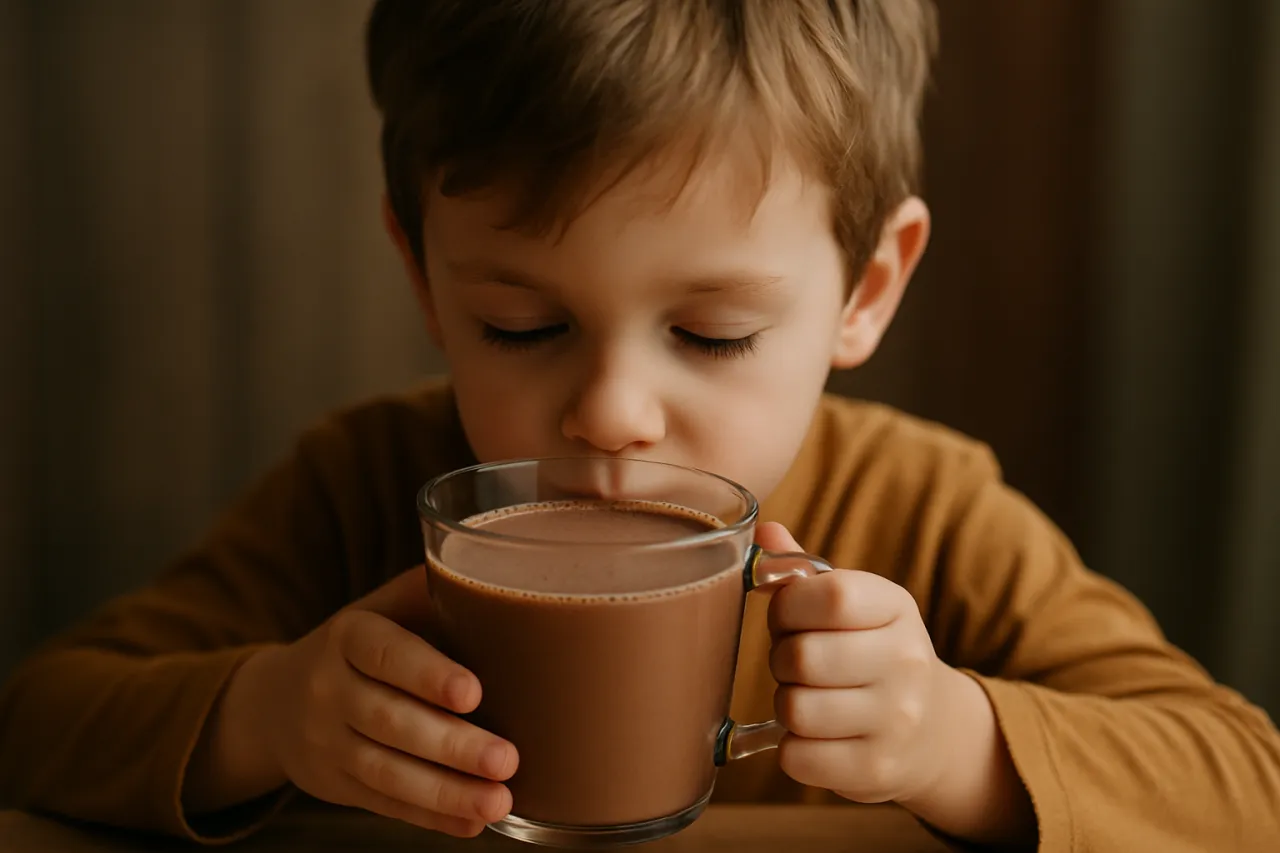 dziecko pije kakao w kubku