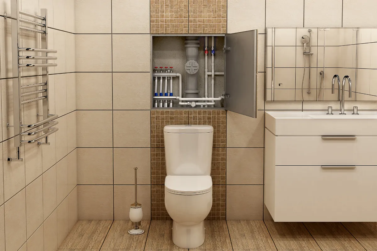 Wnęka z instalacją hydrauliczną nad toaletą to sprytny sposób, jak ukryć rury od bojlera. Łazienka z płytkami i chromowanymi elementami.