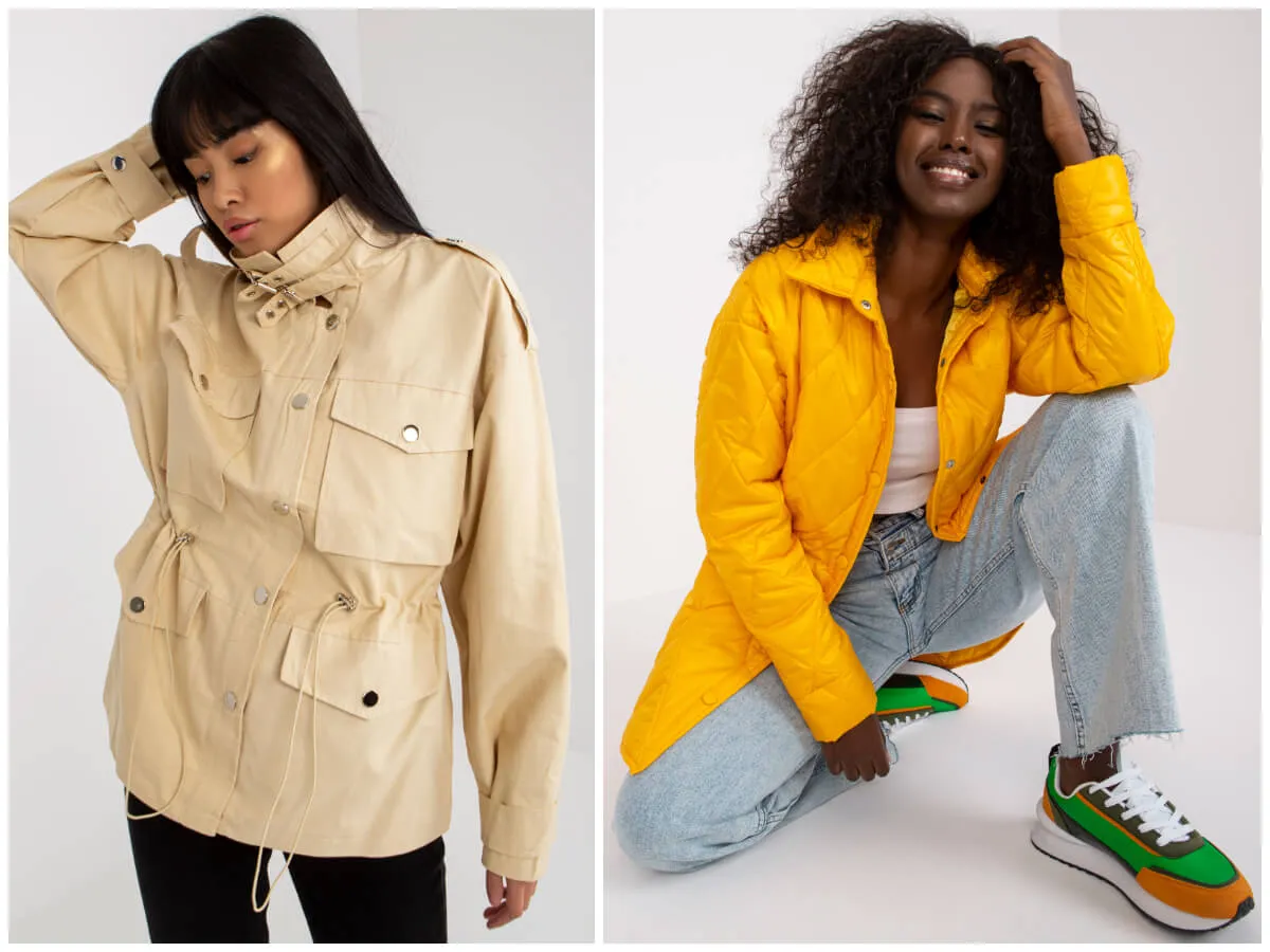 Jaka kurtka na wiosnę? Beżowa parki z wieloma kieszeniami lub ż&oacute;łta pikowana kurtka.