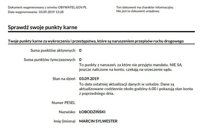 komisariat policji zaświadczenie punkty karne
