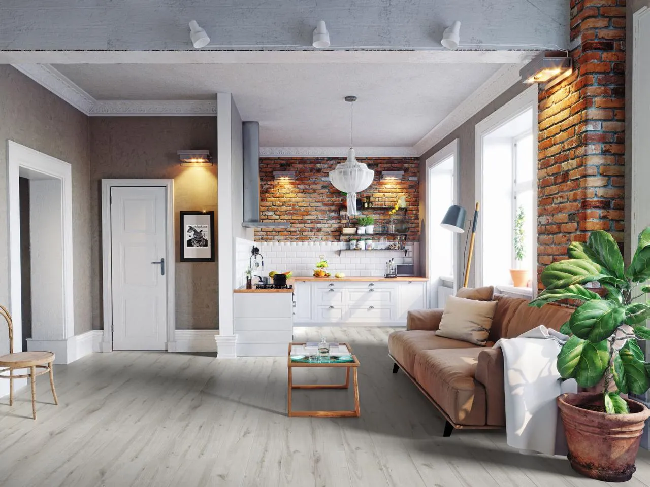 kuchnia panele podłogowe pod szafkami kontra do krawędzi wizualizacja