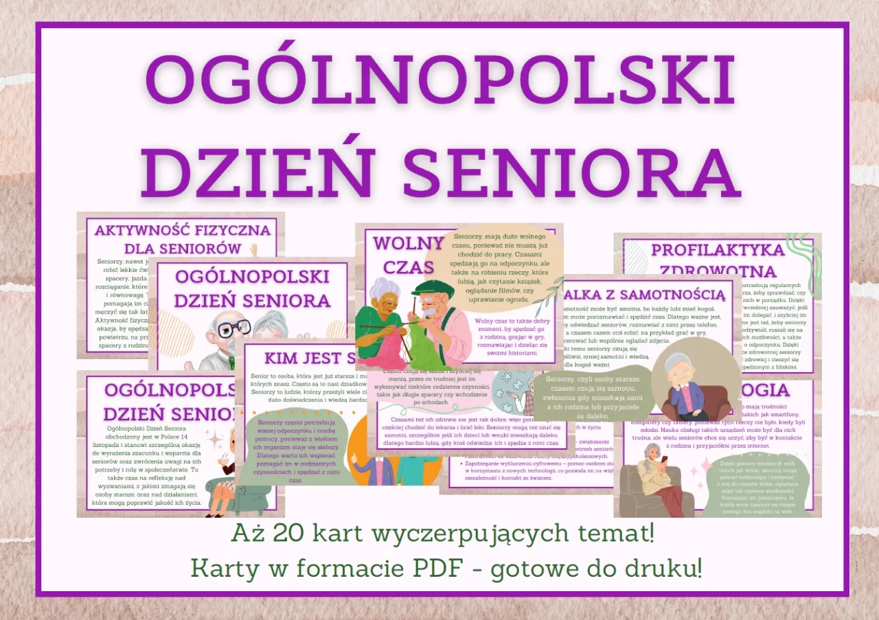 Dzień Seniora to okazja do świętowania. Grafika przedstawia aktywność fizyczną, wolny czas, profilaktykę zdrowotną i integrację seniorów.