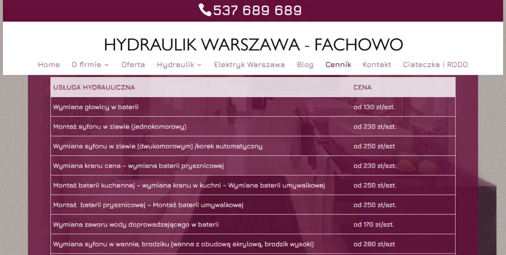 Cennik usług hydraulicznych Warszawa, hydraulik naprawa