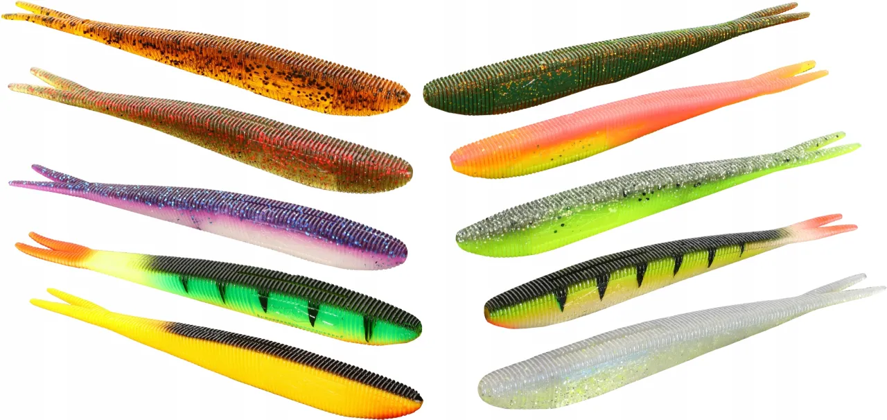 Kolorowe gumowe przynęty wędkarskie, idealne do metody drop shot. R&oacute;żne odcienie i wzory, od pomarańczowego po zielony.