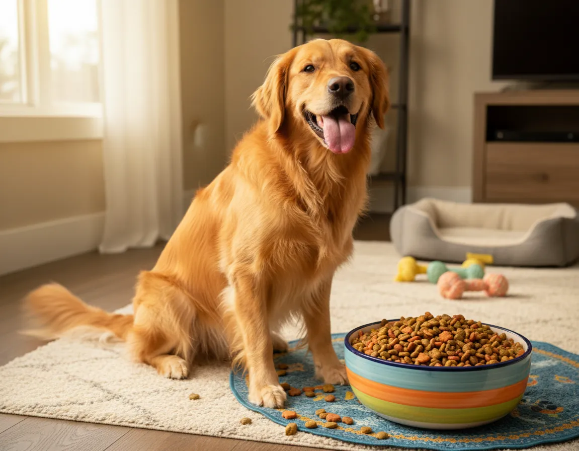 Pies z miską pełnoporcjowej karmy, szczęśliwy pies