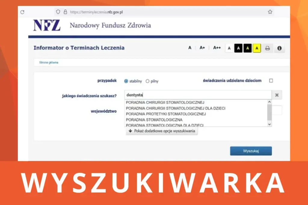 Zrzut ekranu wyszukiwarki NFZ stomatolog