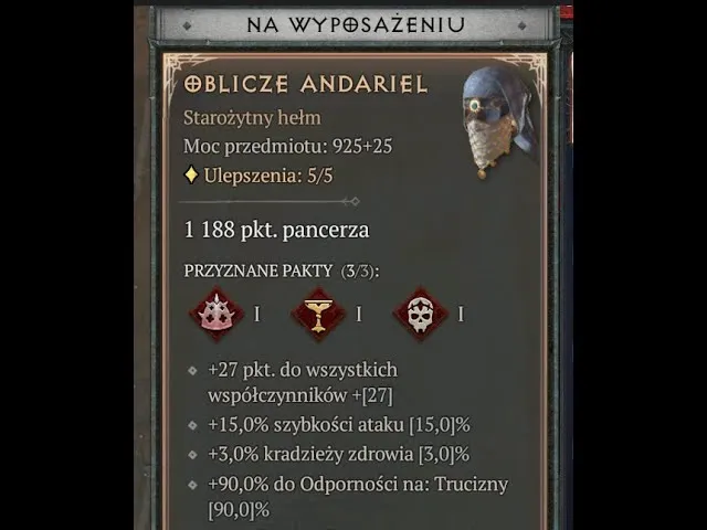 Diablo 4 Oblicze Andariel hełm statystyki