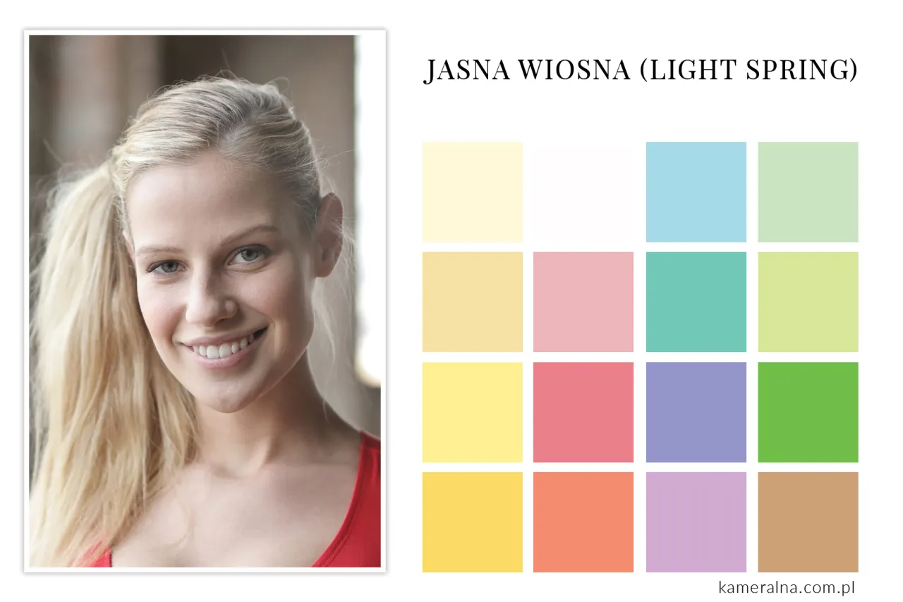 Uśmiechnięta blondynka o jasnej karnacji, idealnie pasująca do palety barw typu urody wiosna.