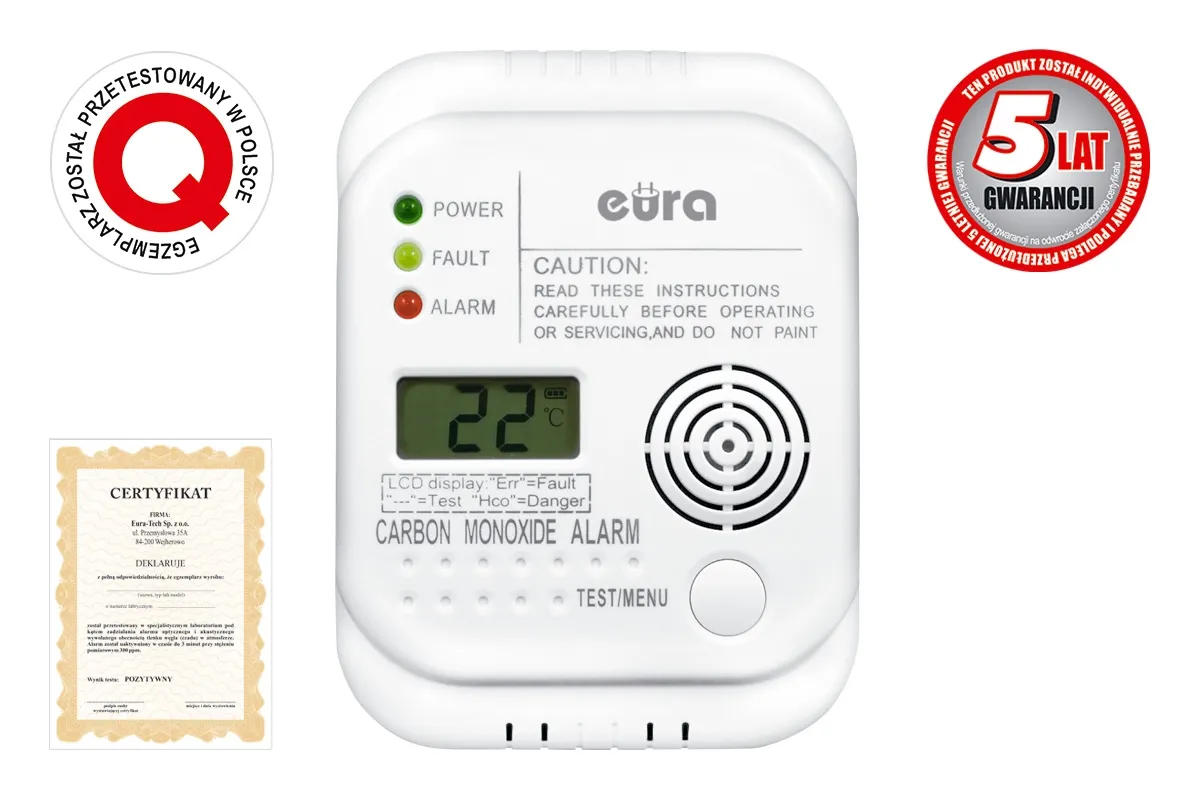 Biały czujnik czadu z wyświetlaczem LCD i diodami LED. Posiada certyfikat i gwarancję 5 lat. Czujnik czadu pika co 30 sekund w przypadku zagrożenia.