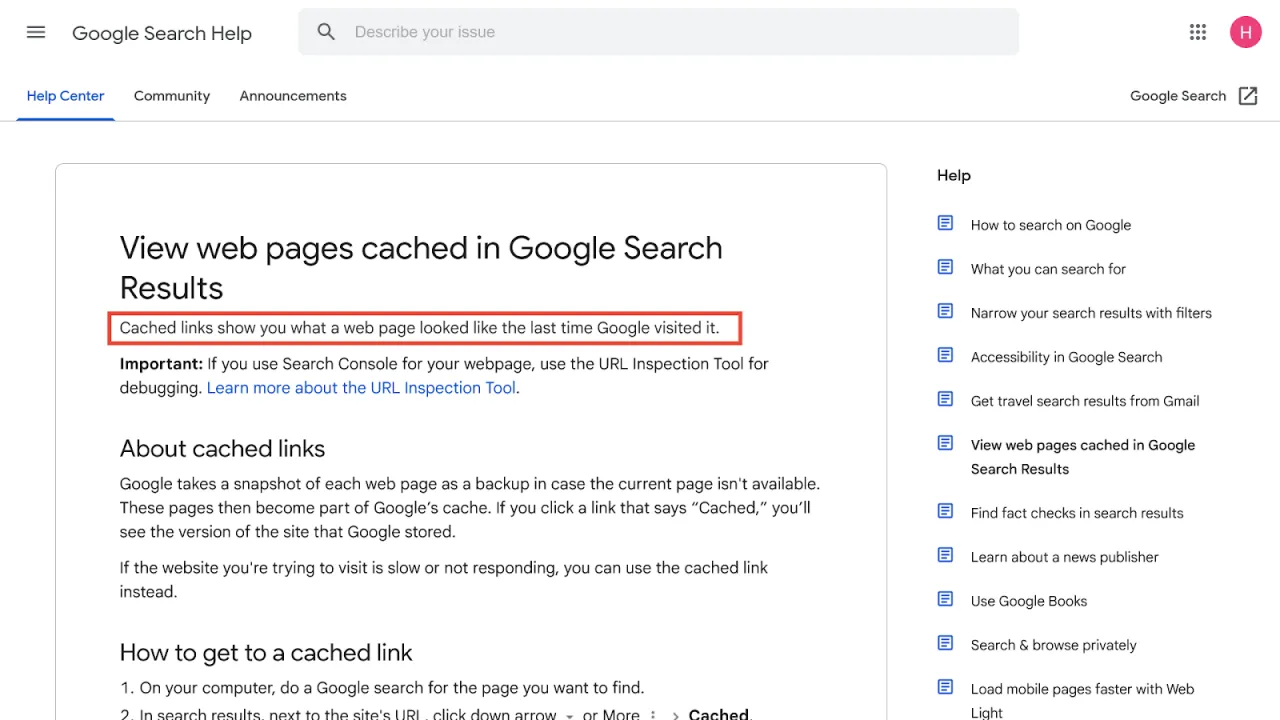 Google Cache przykład strony