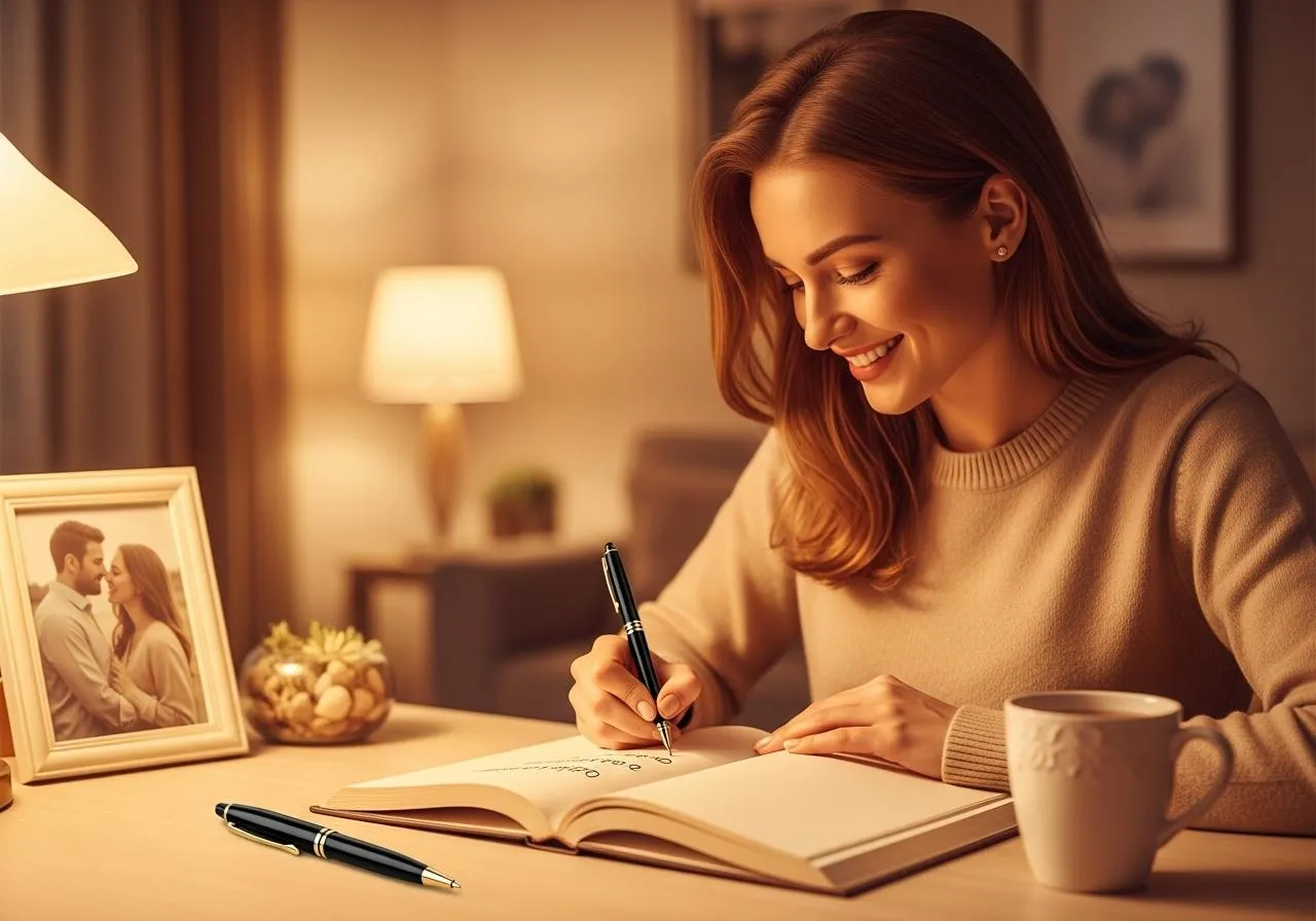 kobieta pisząca życzenia na ozdobnej kartce piórem