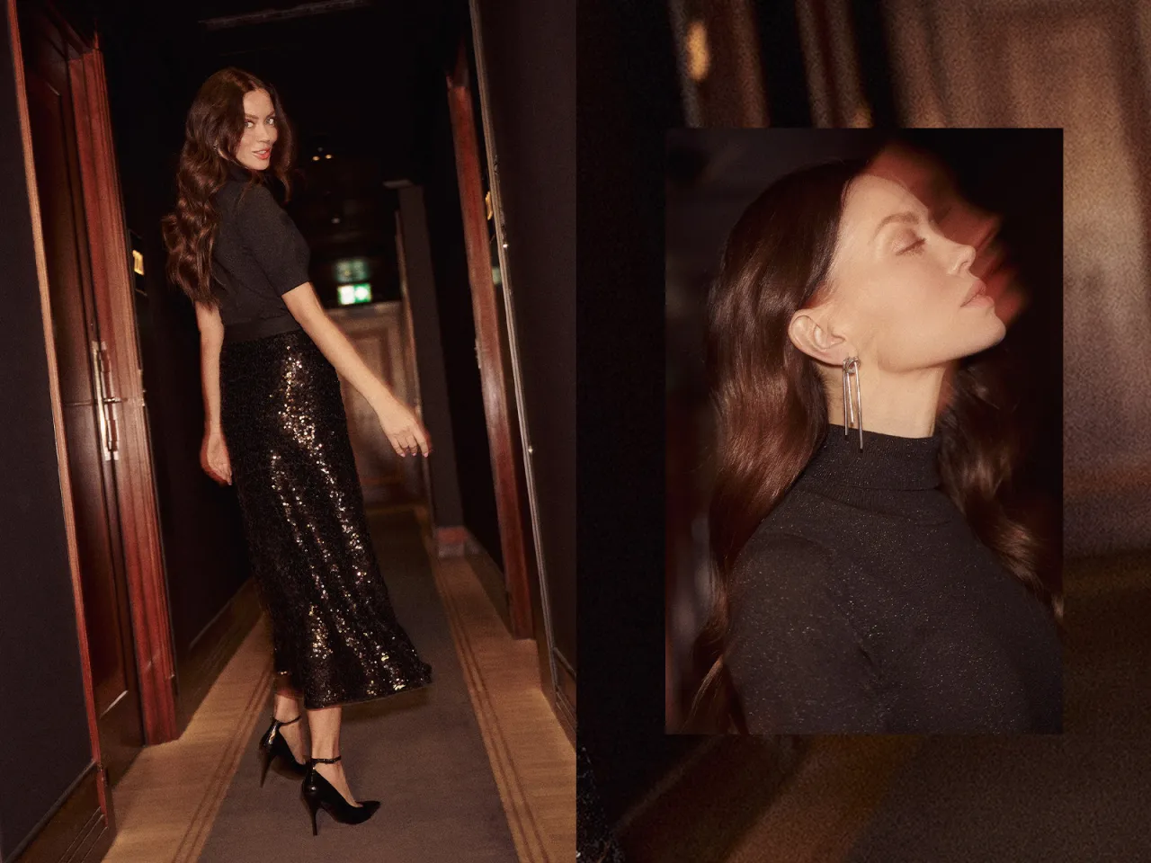 Elegancki damski str&oacute;j do opery: błyszcząca sp&oacute;dnica i czarny golf. Idealny na wieczorne wyjście.