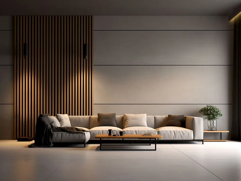 Nowoczesne ściany z lamelami, sztukaterią, betonem, panelami tapicerowanymi