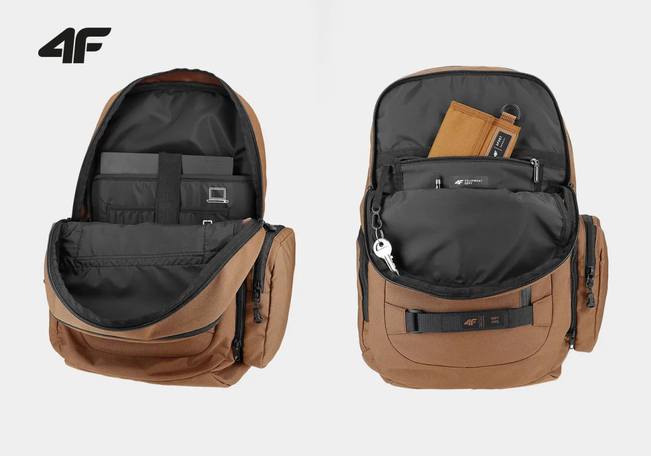 Brązowy plecak 4F z przegrodami na laptopa i drobiazgi. Zastanawiasz się, czy można prać plecak w pralce? Ten model jest łatwy w utrzymaniu czystości.