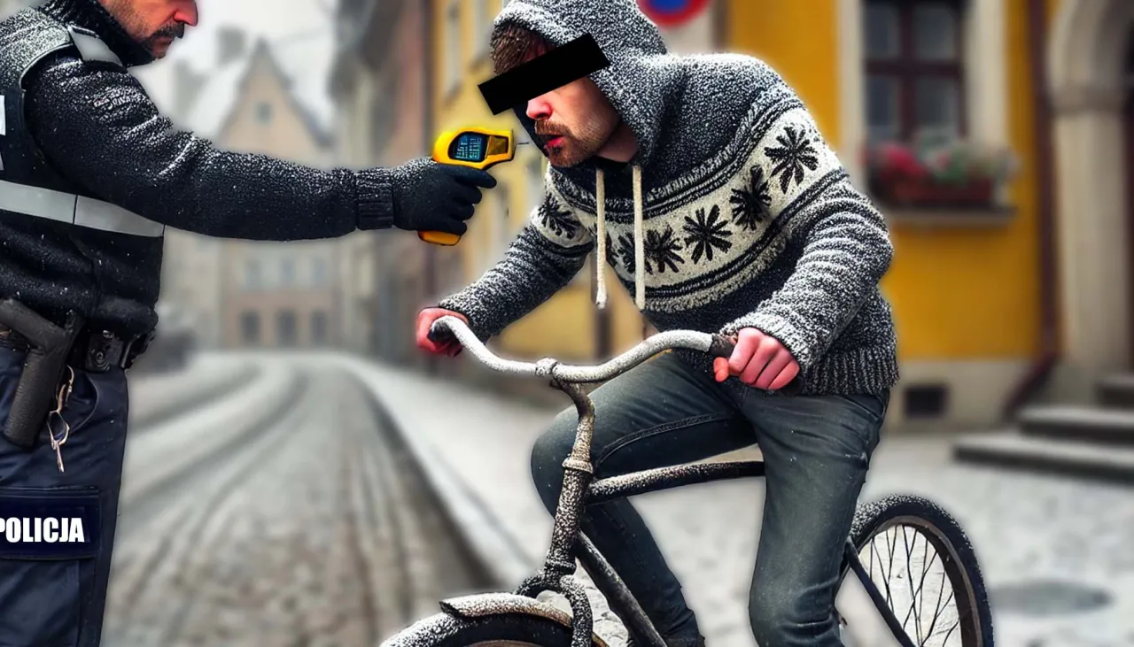 Policjant mierzy rowerzyście temperaturę, gdy ten jedzie po zaśnieżonej ulicy. Czy jak jedziesz pijany rowerem to zabierają prawo jazdy?