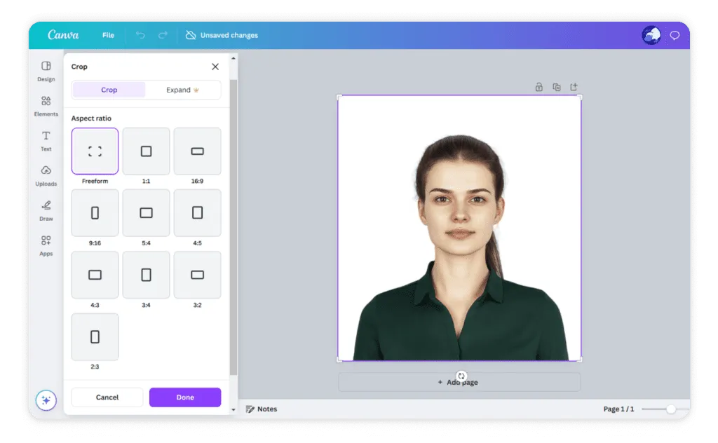 Interfejs aplikacji do kadrowania zdjęć do dokumentów