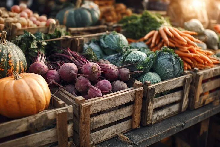 Marktstand mit saisonalem Gem&uuml;se wie K&uuml;rbis Spargel und Tomaten