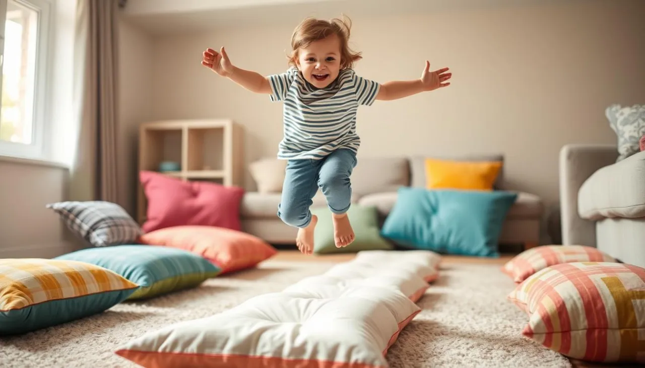 dziecko pokonuje tor przeszkód z poduszek