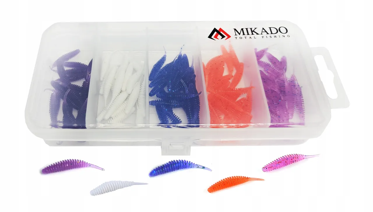 Zestaw kolorowych paproszków na okonia w pudełku Mikado. Idealne na łowienie drapieżników.