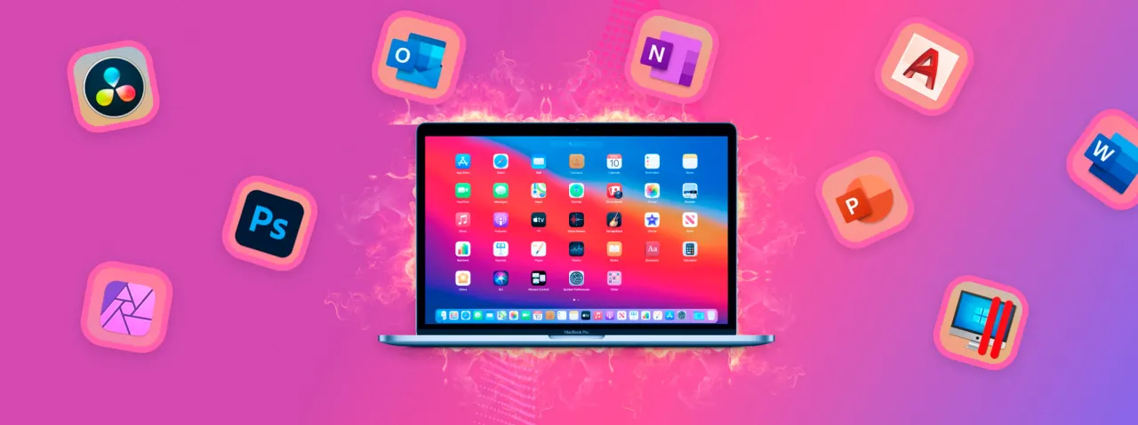 MacBook z ikonami aplikacji, pokazujący jak znaleźć zainstalowane aplikacje. Widoczne ikony: DaVinci Resolve, Photoshop, Outlook, Word, PowerPoint, OneNote.