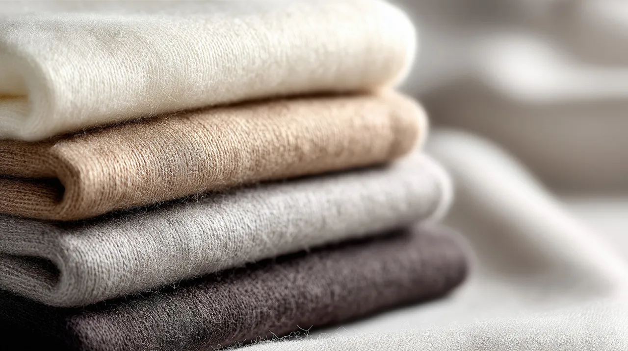 Stos delikatnych, kaszmirowych swetrów w odcieniach beżu i szarości. Dowiedz się, jak prać kaszmirowy sweter, by zachował miękkość.