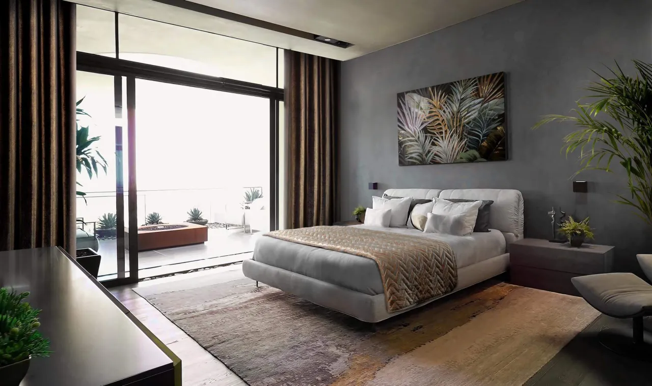 aranżacje szarej sypialni z zasłonami