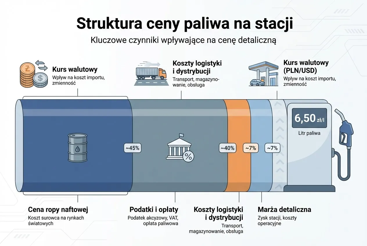 Czynniki wpływające na ceny paliw, baryłka ropy, kurs dolara, podatki paliwowe