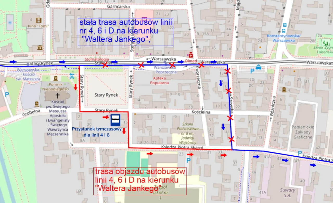 Mapa trasy autobusu linii 6 Pabianice