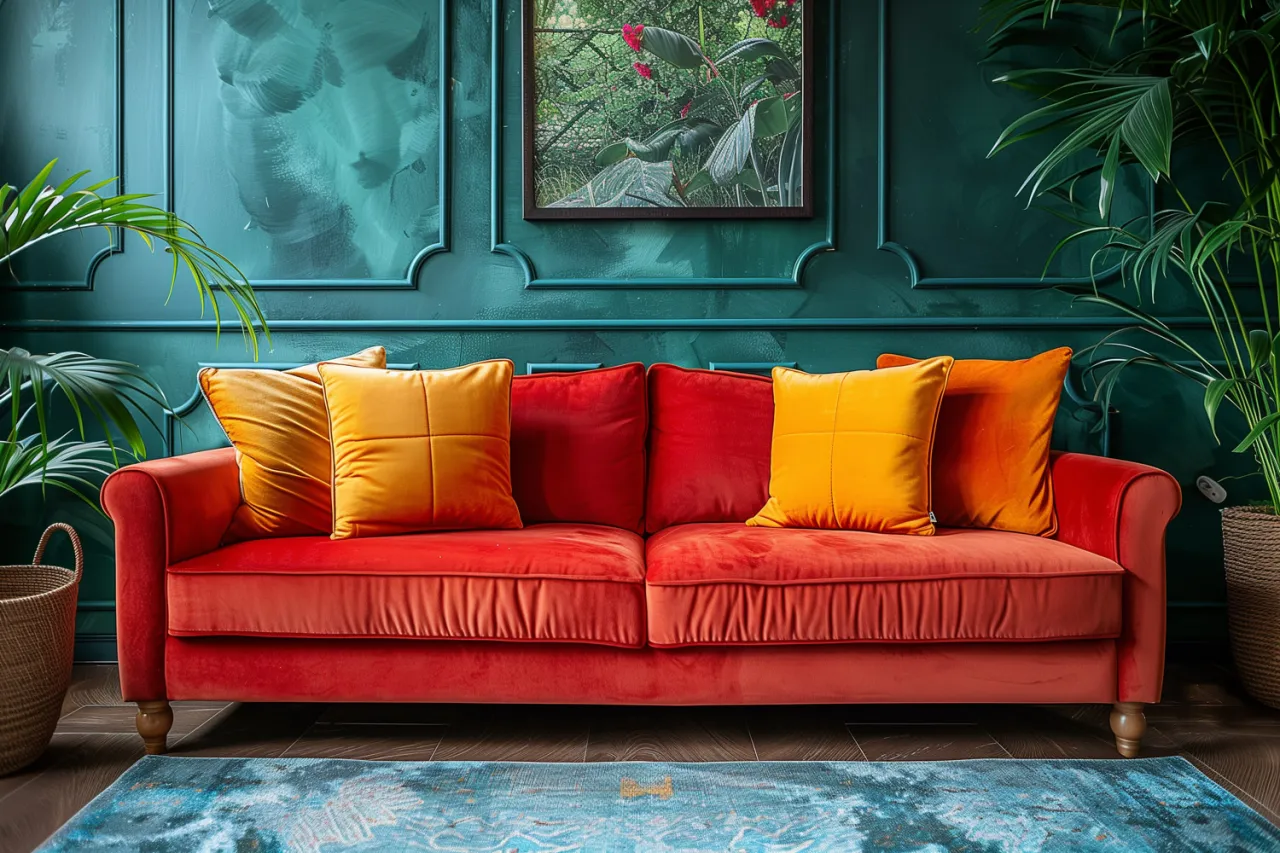 czerwona kanapa z butelkowo zielonymi ścianami