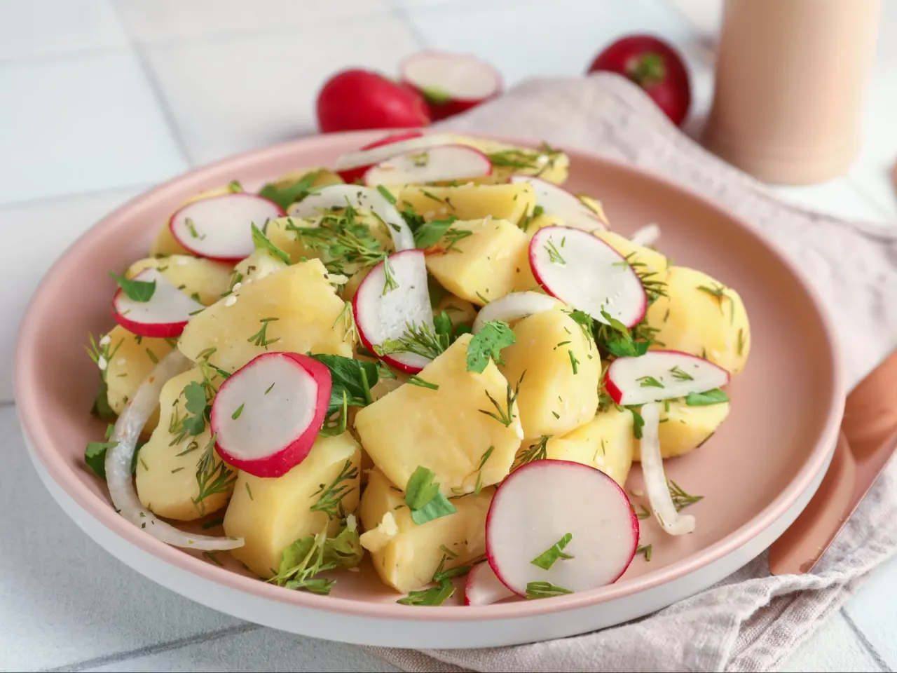 Sałatka ziemniaczana z rzodkiewką i koperkiem wygląda przepysznie. Idealna na wiosenny obiad.