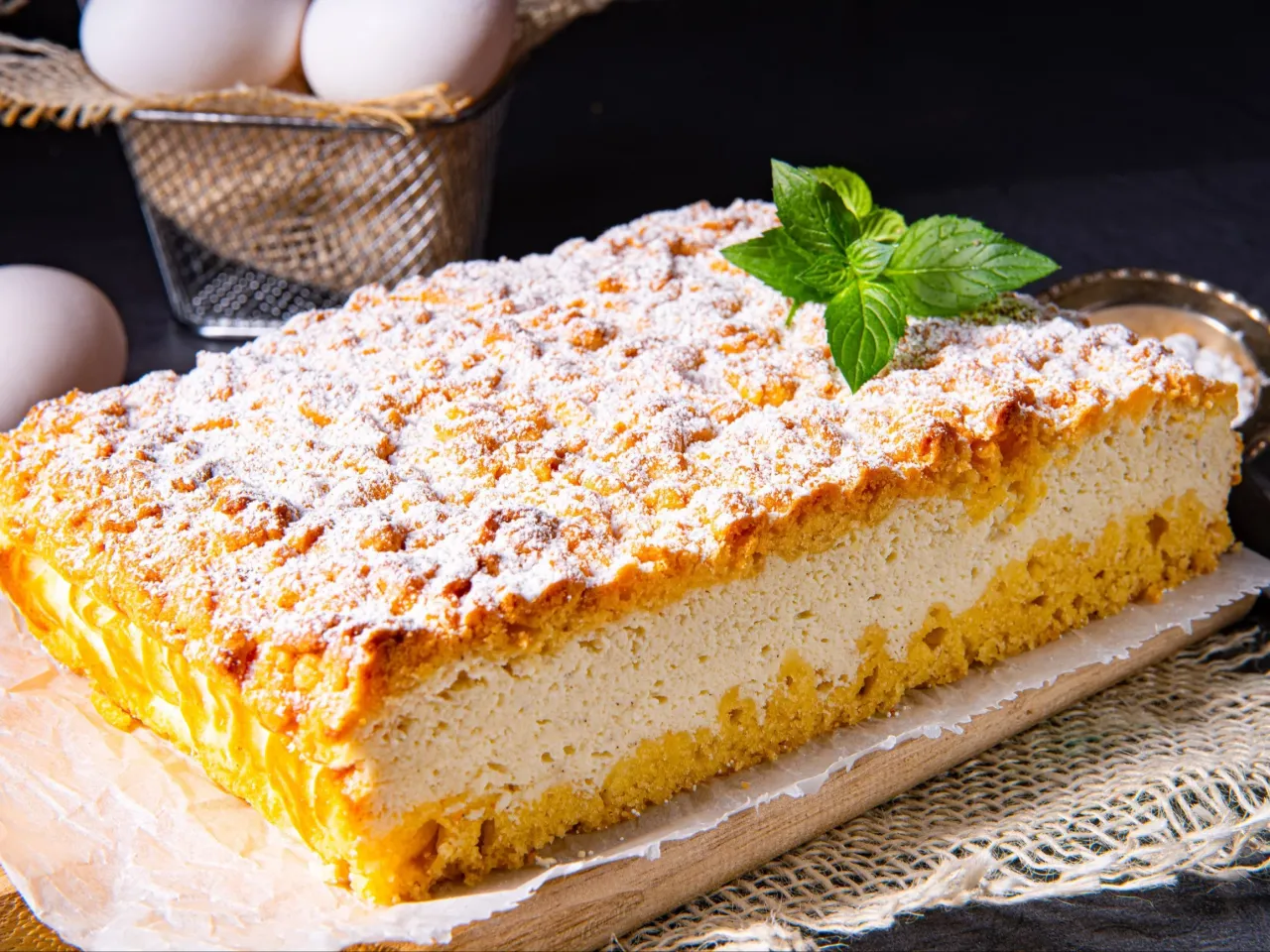 Pyszny sernik z 1kg sera, posypany cukrem pudrem i udekorowany miętą. Ile czasu piec sernik z 1kg sera?