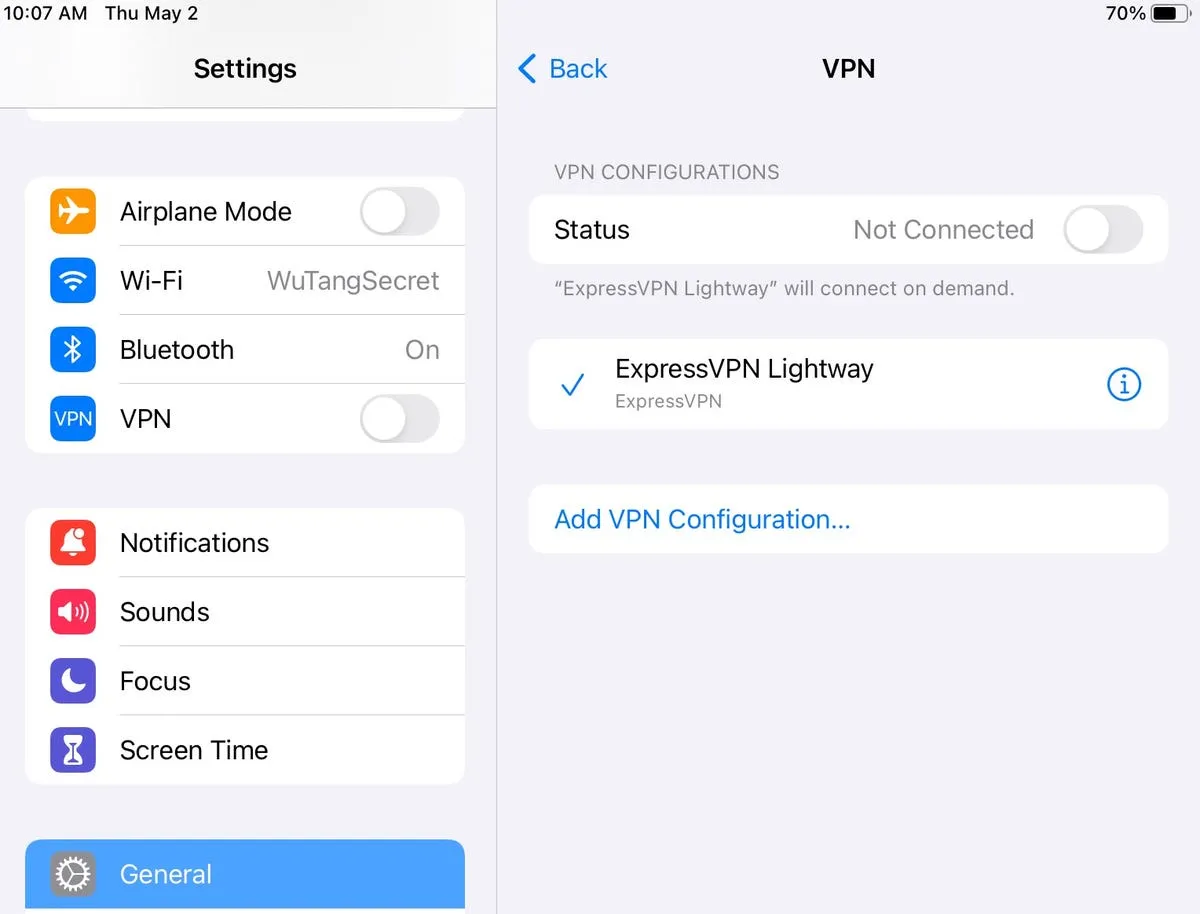 iPhone settings VPN toggle