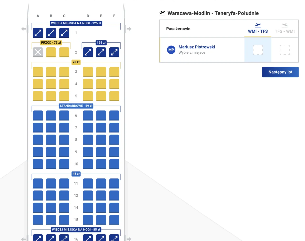 Ryanair wyb&oacute;r miejsca w samolocie ekran