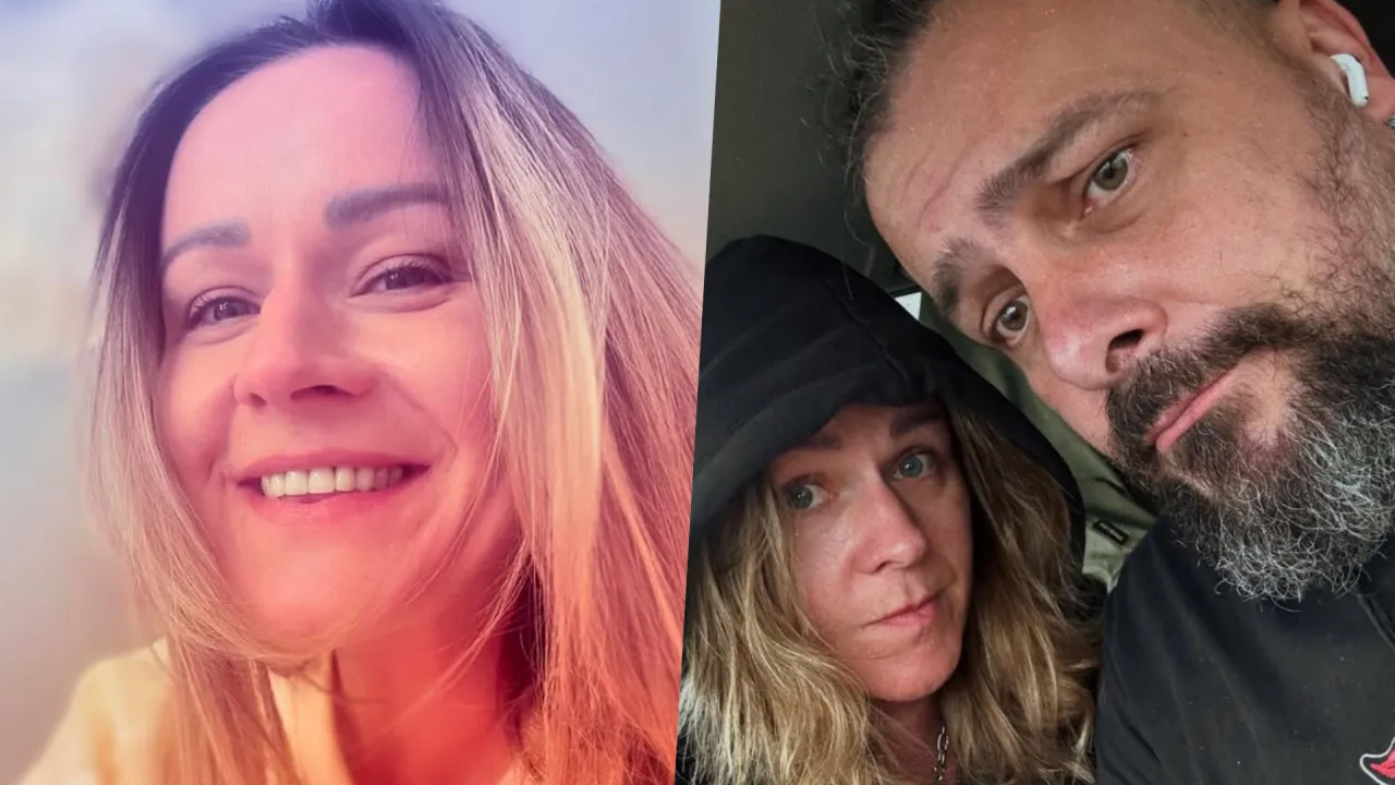 Ewa Błachnio z uśmiechem na twarzy i ujęcie z mężczyzną, który może być jej mężem.